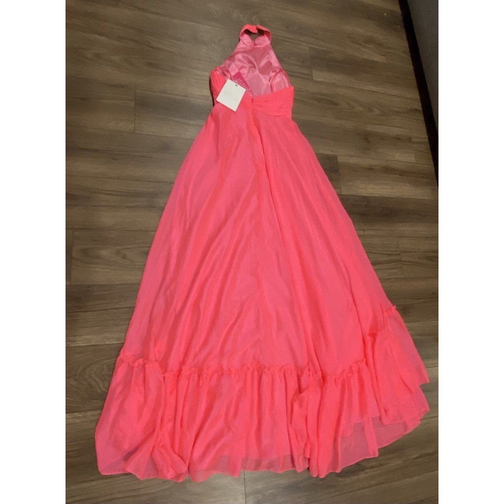 Mac Duggal Hot Pink High Neck Tiered Chiffon Halter Side Slit Gown Size 2 $258 - Picture 5 of 16